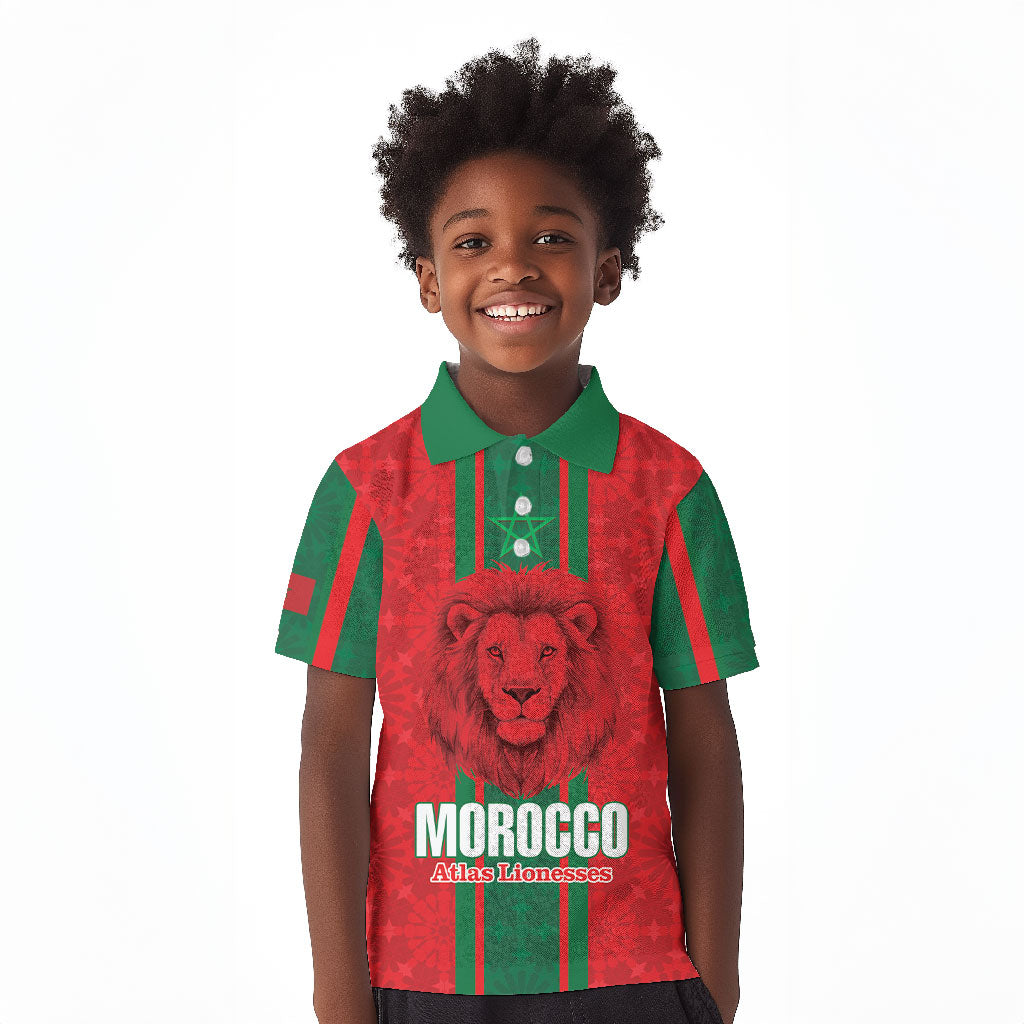 Morocco Football Custom Kid Polo Shirt Atlas Lionesses Moroccan Folk Pattern