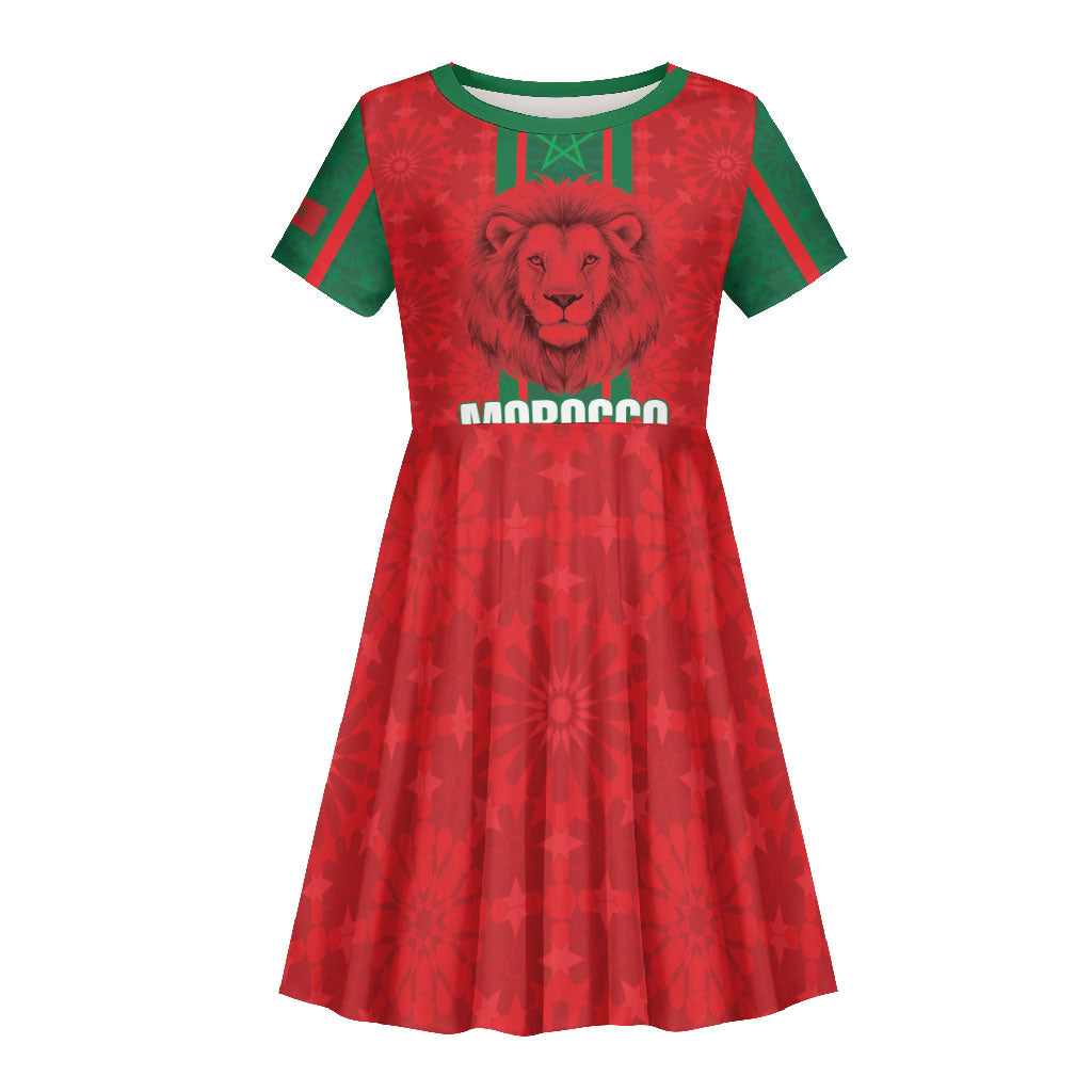 Morocco Football Custom Kid Short Sleeve Dress Atlas Lionesses Moroccan Folk Pattern