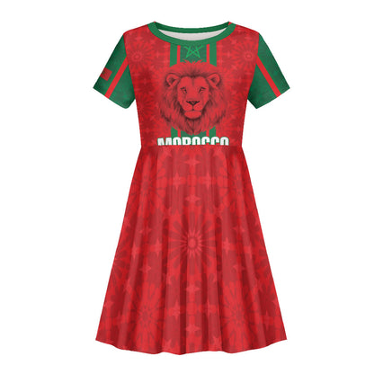 Morocco Football Custom Kid Short Sleeve Dress Atlas Lionesses Moroccan Folk Pattern