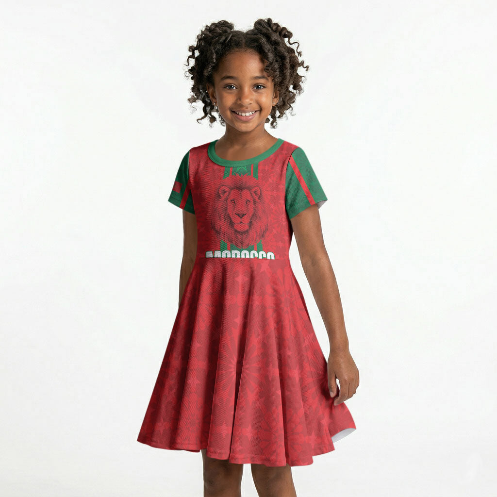 Morocco Football Custom Kid Short Sleeve Dress Atlas Lionesses Moroccan Folk Pattern