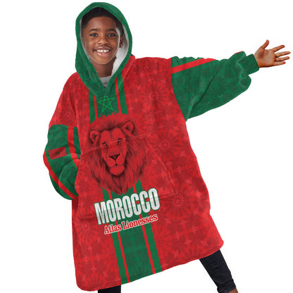 Morocco Football Custom Kid Wearable Blanket Hoodie Atlas Lionesses Moroccan Folk Pattern