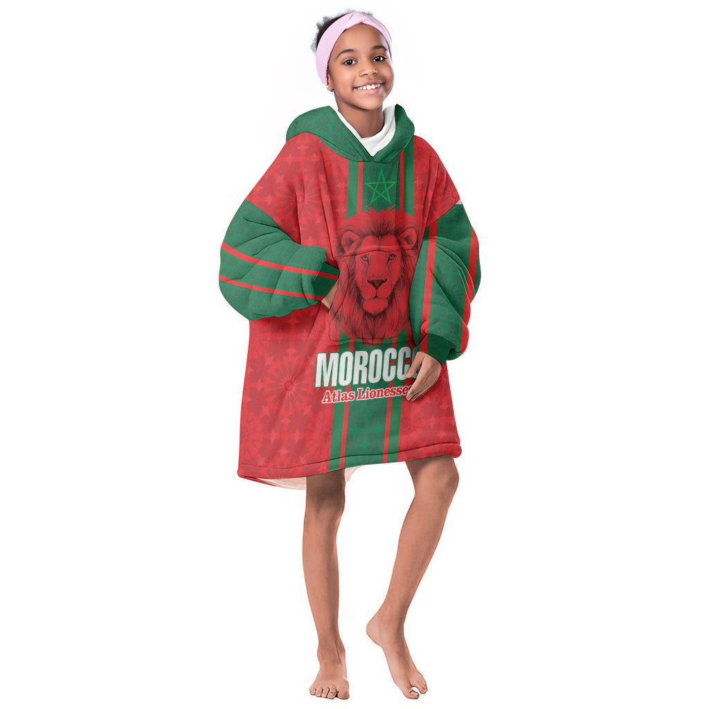Morocco Football Custom Kid Wearable Blanket Hoodie Atlas Lionesses Moroccan Folk Pattern