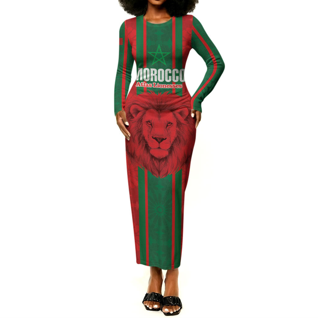 Morocco Football Custom Long Sleeve Bodycon Dress Atlas Lionesses Moroccan Folk Pattern