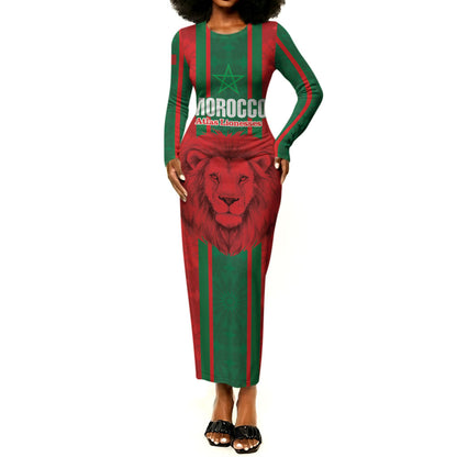 Morocco Football Custom Long Sleeve Bodycon Dress Atlas Lionesses Moroccan Folk Pattern
