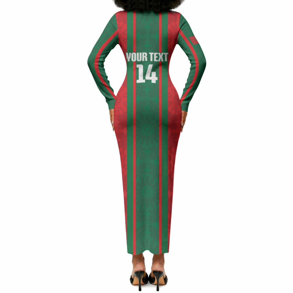 Morocco Football Custom Long Sleeve Bodycon Dress Atlas Lionesses Moroccan Folk Pattern