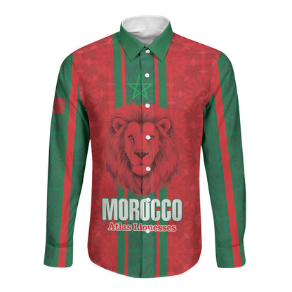 Morocco Football Custom Long Sleeve Button Shirt Atlas Lionesses Moroccan Folk Pattern