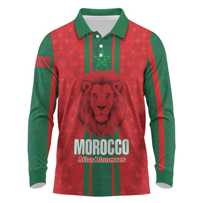 Morocco Football Custom Long Sleeve Polo Shirt Atlas Lionesses Moroccan Folk Pattern