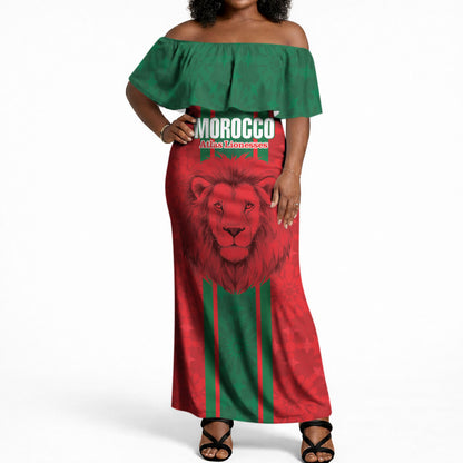 Morocco Football Custom Off Shoulder Maxi Dress Atlas Lionesses Moroccan Folk Pattern