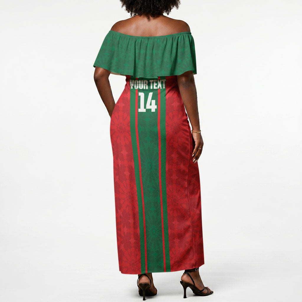 Morocco Football Custom Off Shoulder Maxi Dress Atlas Lionesses Moroccan Folk Pattern