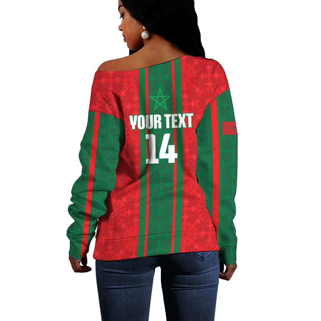 Morocco Football Custom Off Shoulder Sweater Atlas Lionesses Moroccan Folk Pattern