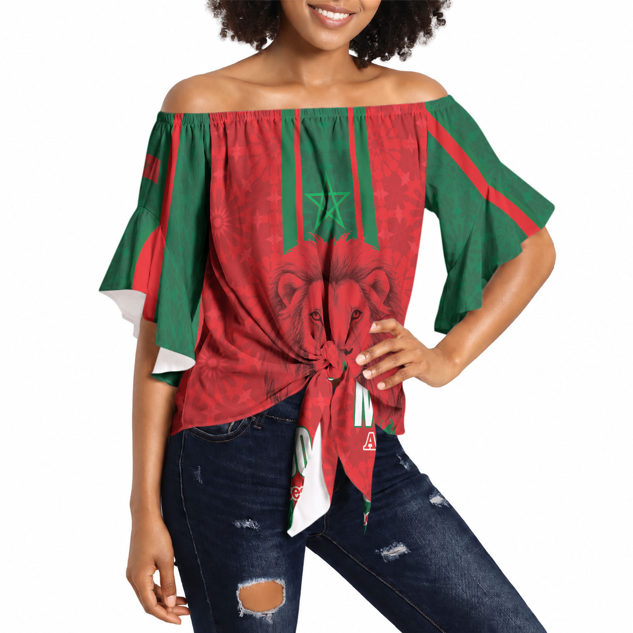 Morocco Football Custom Off Shoulder Wrap Waist Top Atlas Lionesses Moroccan Folk Pattern