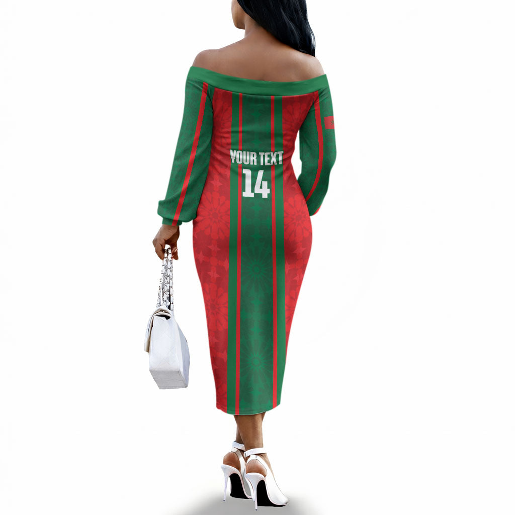 Morocco Football Custom Off The Shoulder Long Sleeve Dress Atlas Lionesses Moroccan Folk Pattern