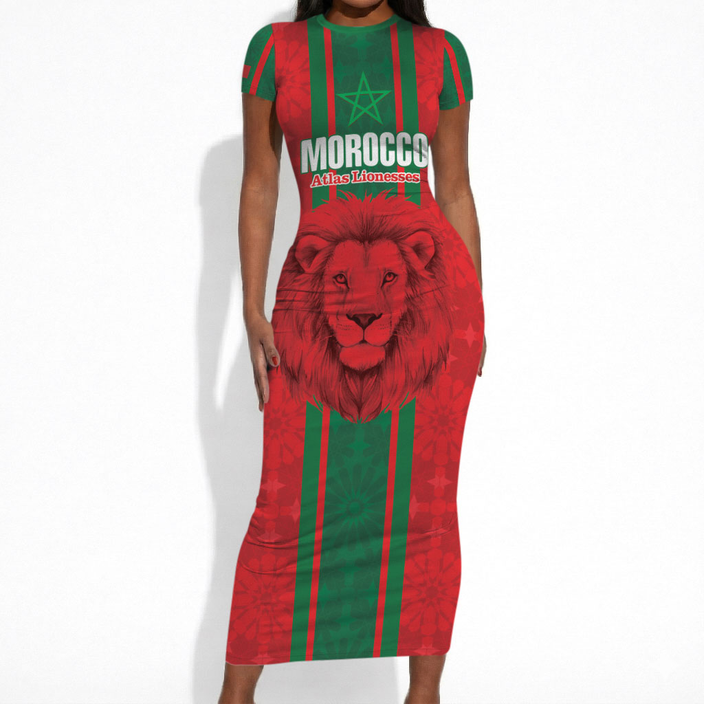Morocco Football Custom Short Sleeve Bodycon Dress Atlas Lionesses Moroccan Folk Pattern