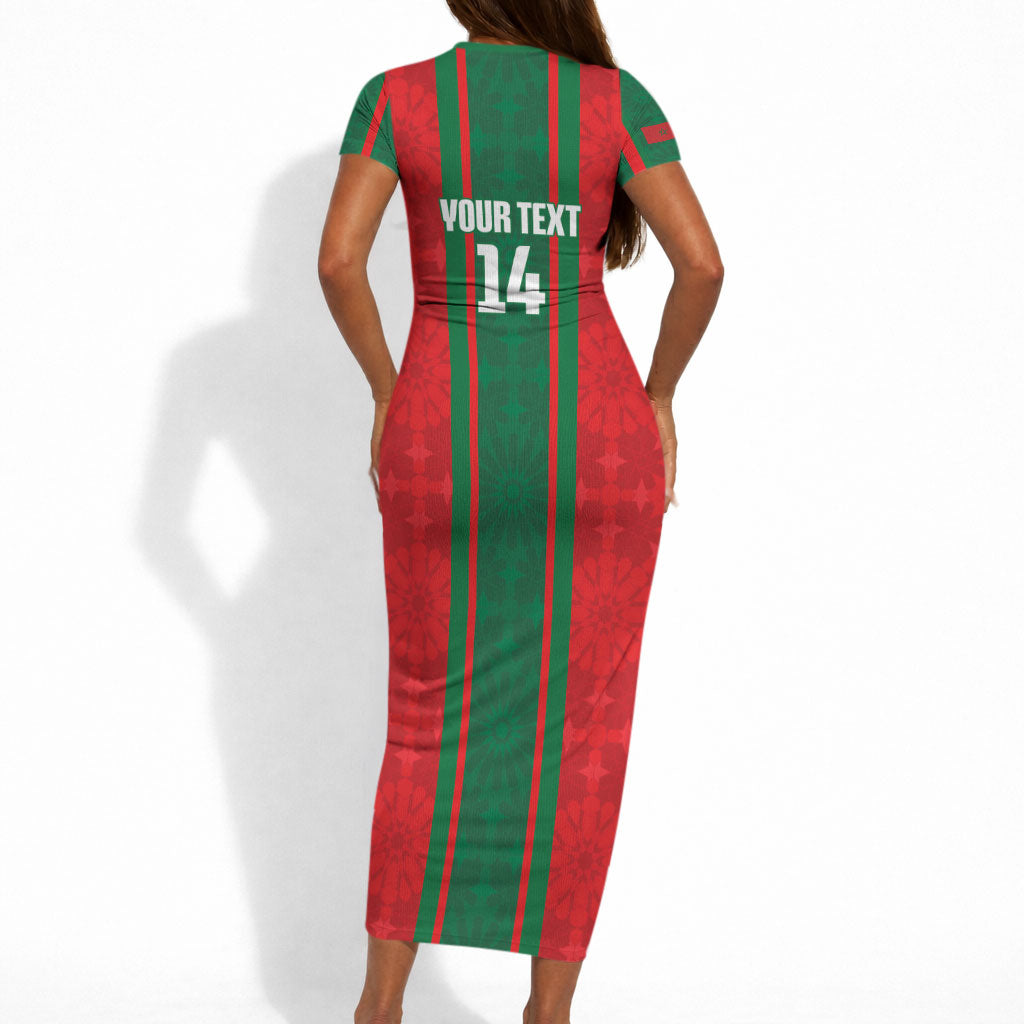 Morocco Football Custom Short Sleeve Bodycon Dress Atlas Lionesses Moroccan Folk Pattern