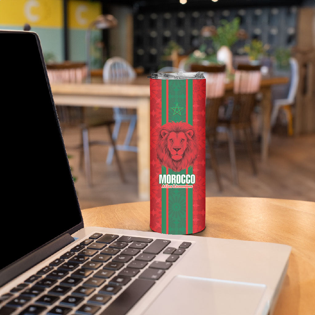 Morocco Football Custom Skinny Tumbler Atlas Lionesses Moroccan Folk Pattern