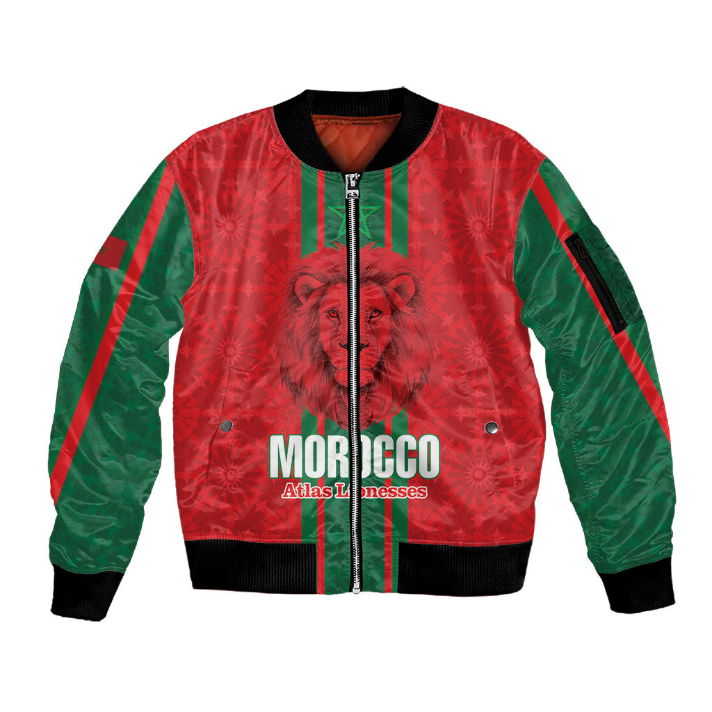 Morocco Football Custom Sleeve Zip Bomber Jacket Atlas Lionesses Moroccan Folk Pattern