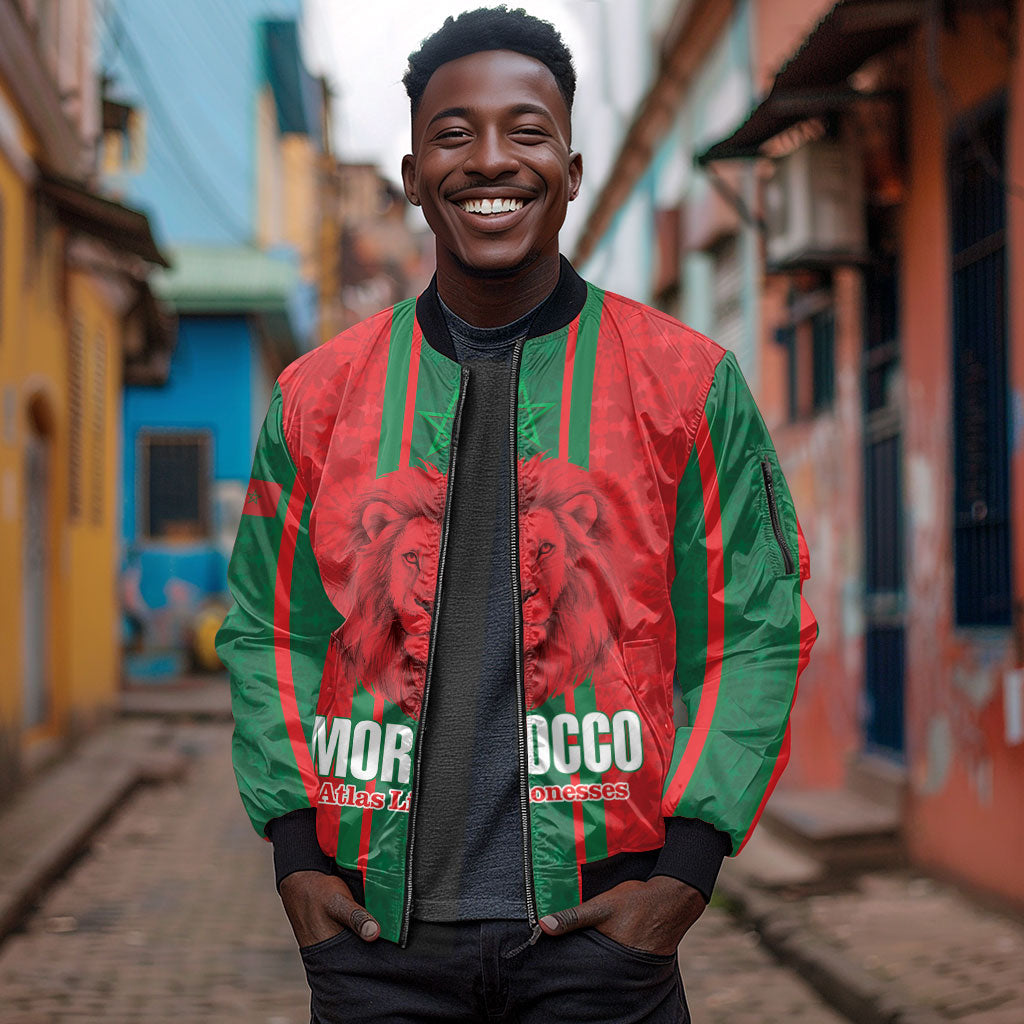 Morocco Football Custom Sleeve Zip Bomber Jacket Atlas Lionesses Moroccan Folk Pattern