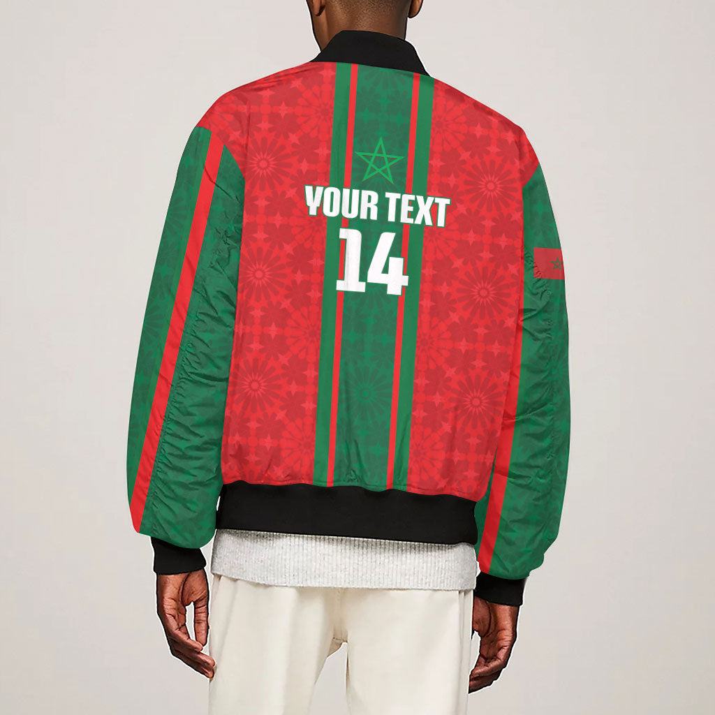 Morocco Football Custom Sleeve Zip Bomber Jacket Atlas Lionesses Moroccan Folk Pattern