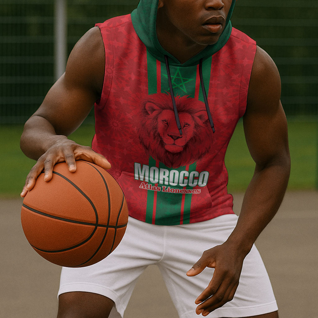 Morocco Football Custom Sleeveless Hoodie Atlas Lionesses Moroccan Folk Pattern