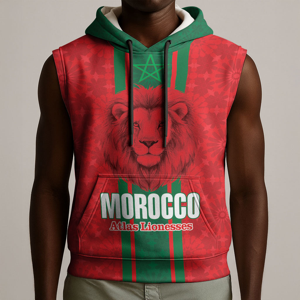 Morocco Football Custom Sleeveless Hoodie Atlas Lionesses Moroccan Folk Pattern