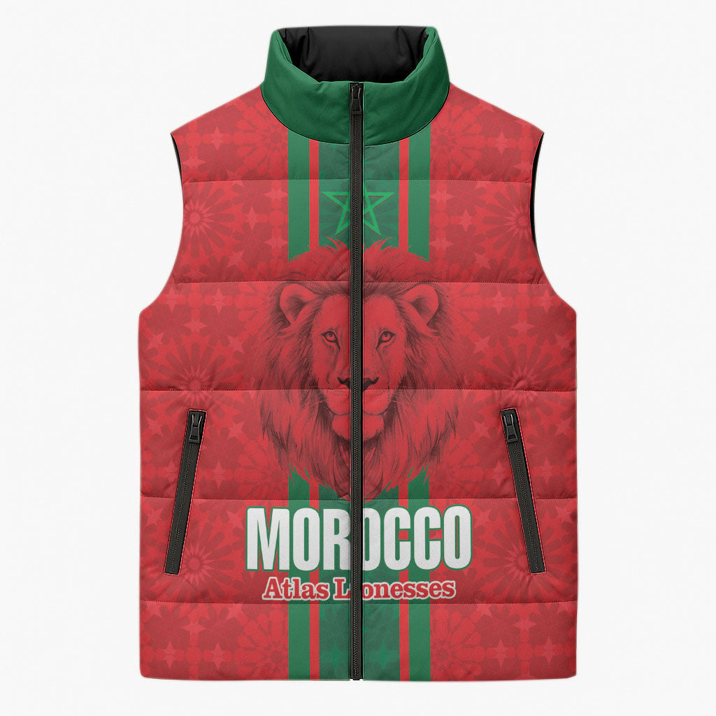 Morocco Football Custom Sleeveless Puffer Jacket Atlas Lionesses Moroccan Folk Pattern