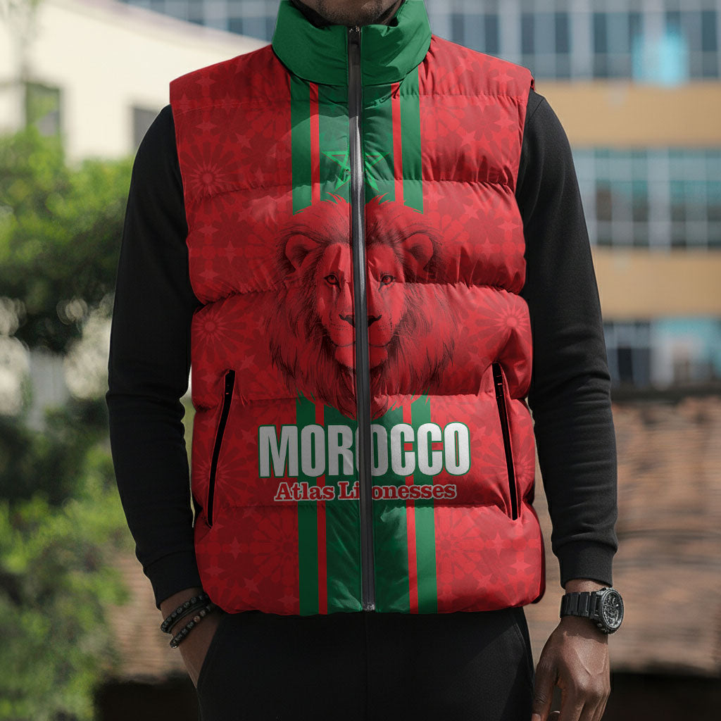 Morocco Football Custom Sleeveless Puffer Jacket Atlas Lionesses Moroccan Folk Pattern