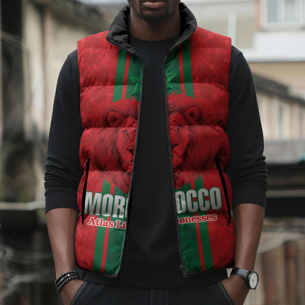 Morocco Football Custom Sleeveless Puffer Jacket Atlas Lionesses Moroccan Folk Pattern