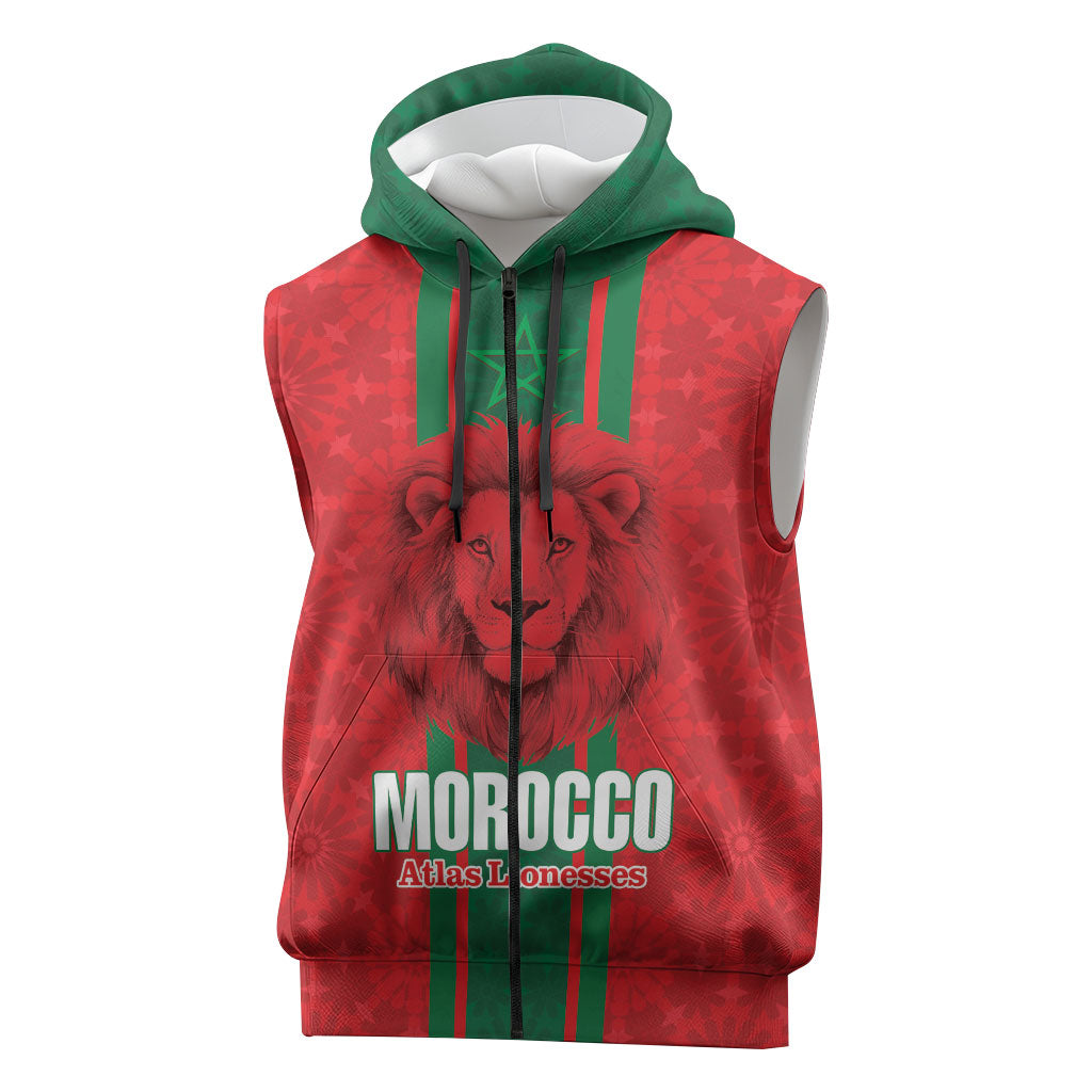 Morocco Football Custom Sleeveless Zip Hoodie Atlas Lionesses Moroccan Folk Pattern