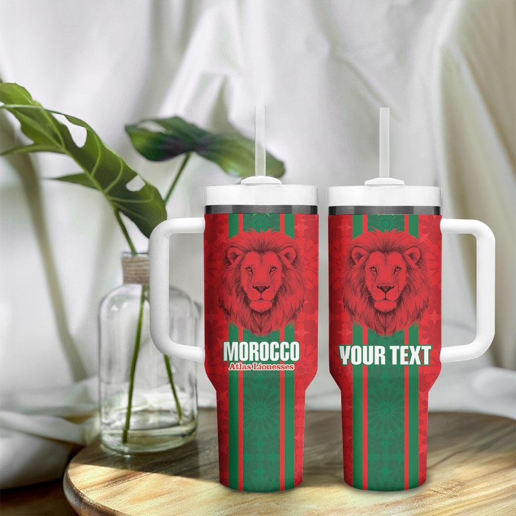 Morocco Football Custom Tumbler With Handle Atlas Lionesses Moroccan Folk Pattern