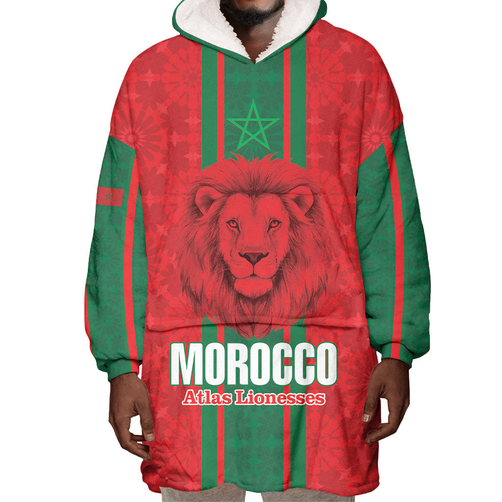 Morocco Football Custom Wearable Blanket Hoodie Atlas Lionesses Moroccan Folk Pattern