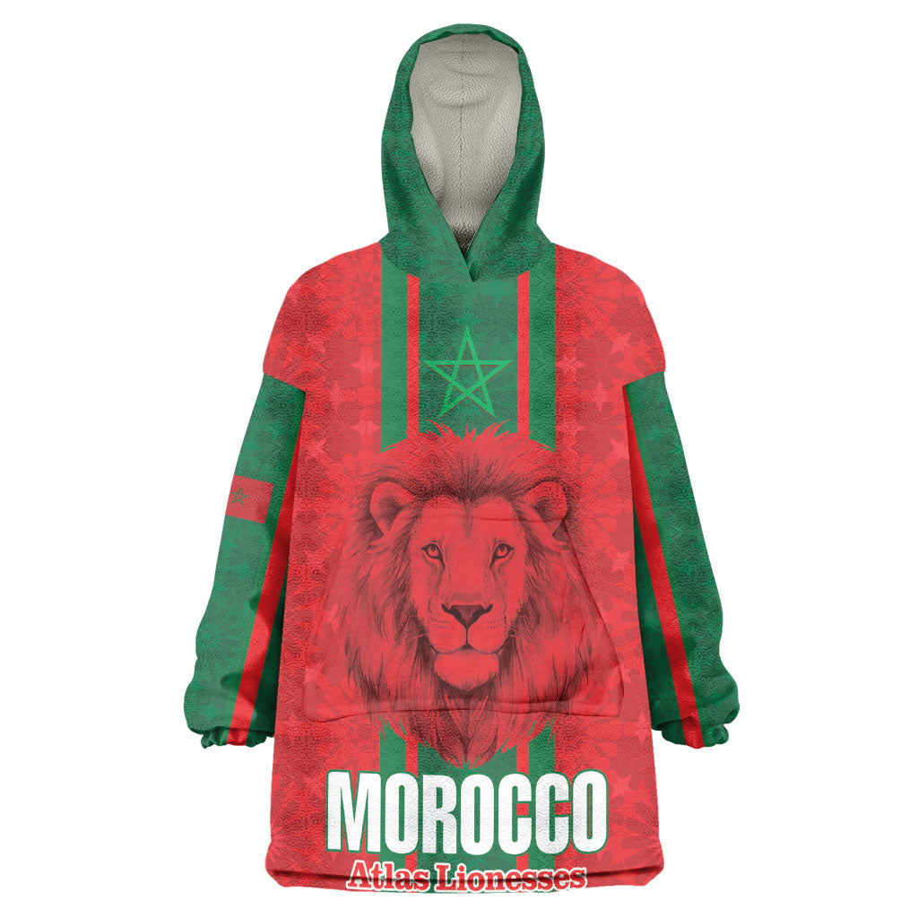 Morocco Football Custom Wearable Blanket Hoodie Atlas Lionesses Moroccan Folk Pattern