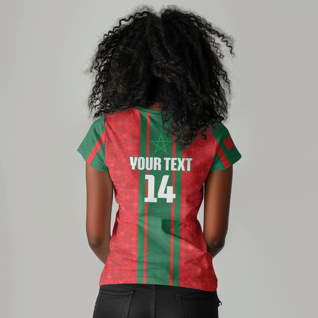 Morocco Football Custom Women V-Neck T-Shirt Atlas Lionesses Moroccan Folk Pattern