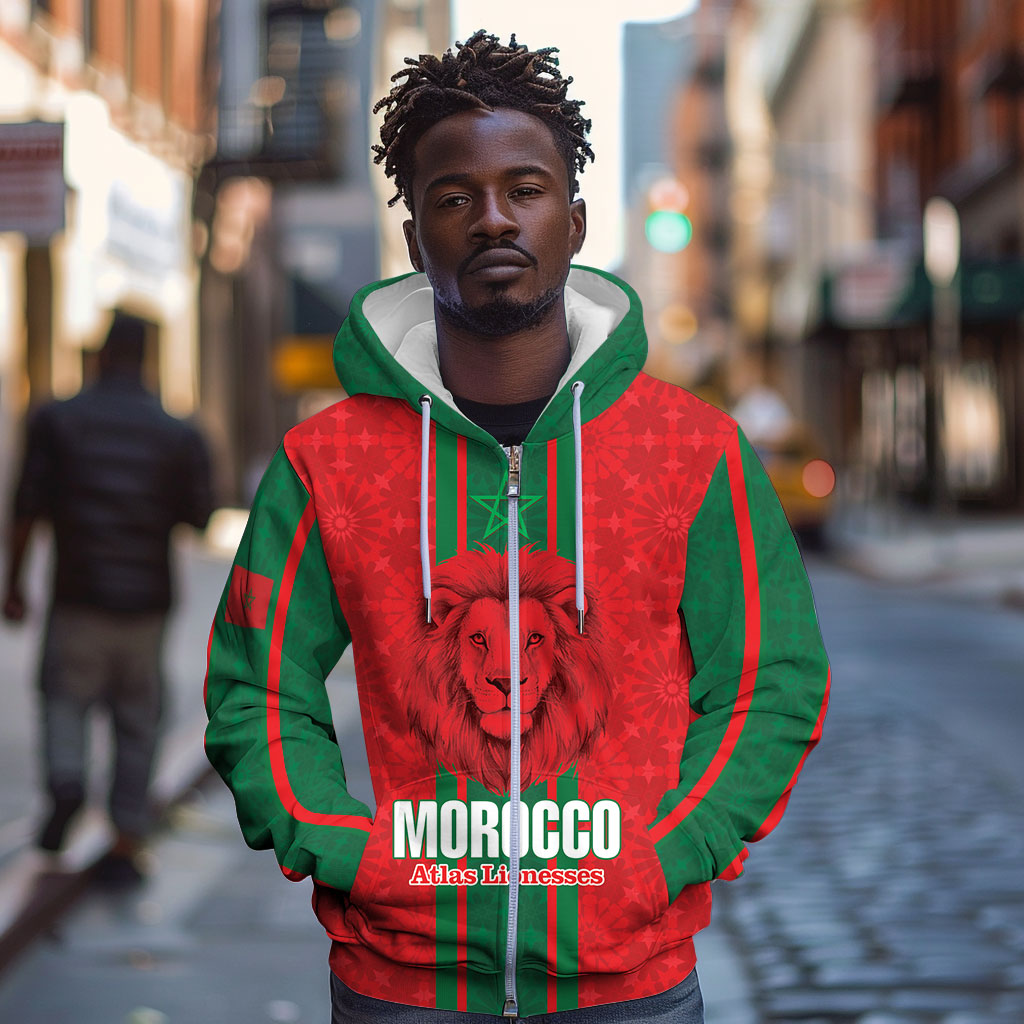 Morocco Football Custom Zip Hoodie Atlas Lionesses Moroccan Folk Pattern