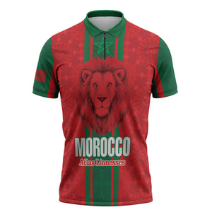 Morocco Football Custom Zipper Polo Shirt Atlas Lionesses Moroccan Folk Pattern