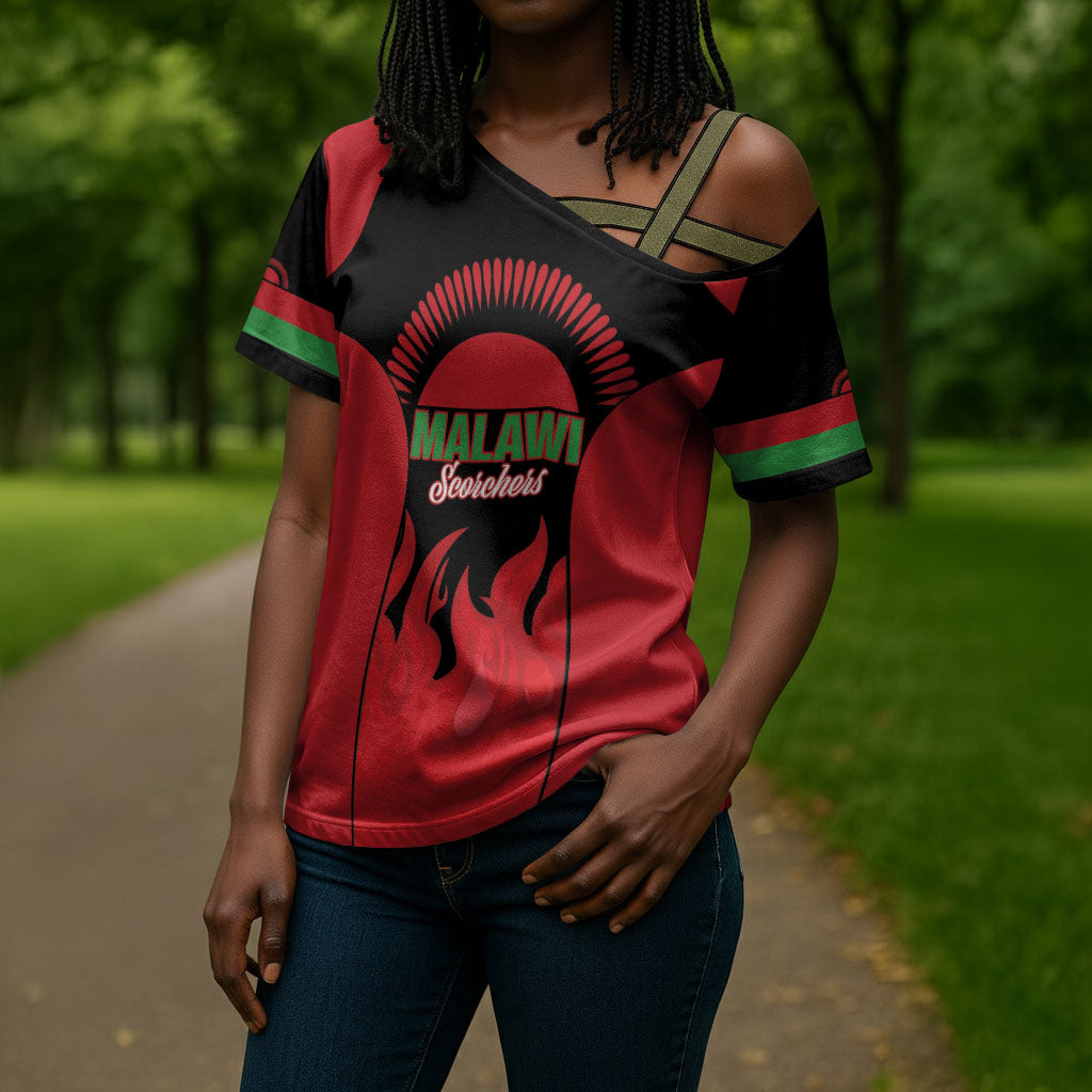 Malawi Football Custom Cross Shoulder Shirt Red Rising Sun Go Scorchers