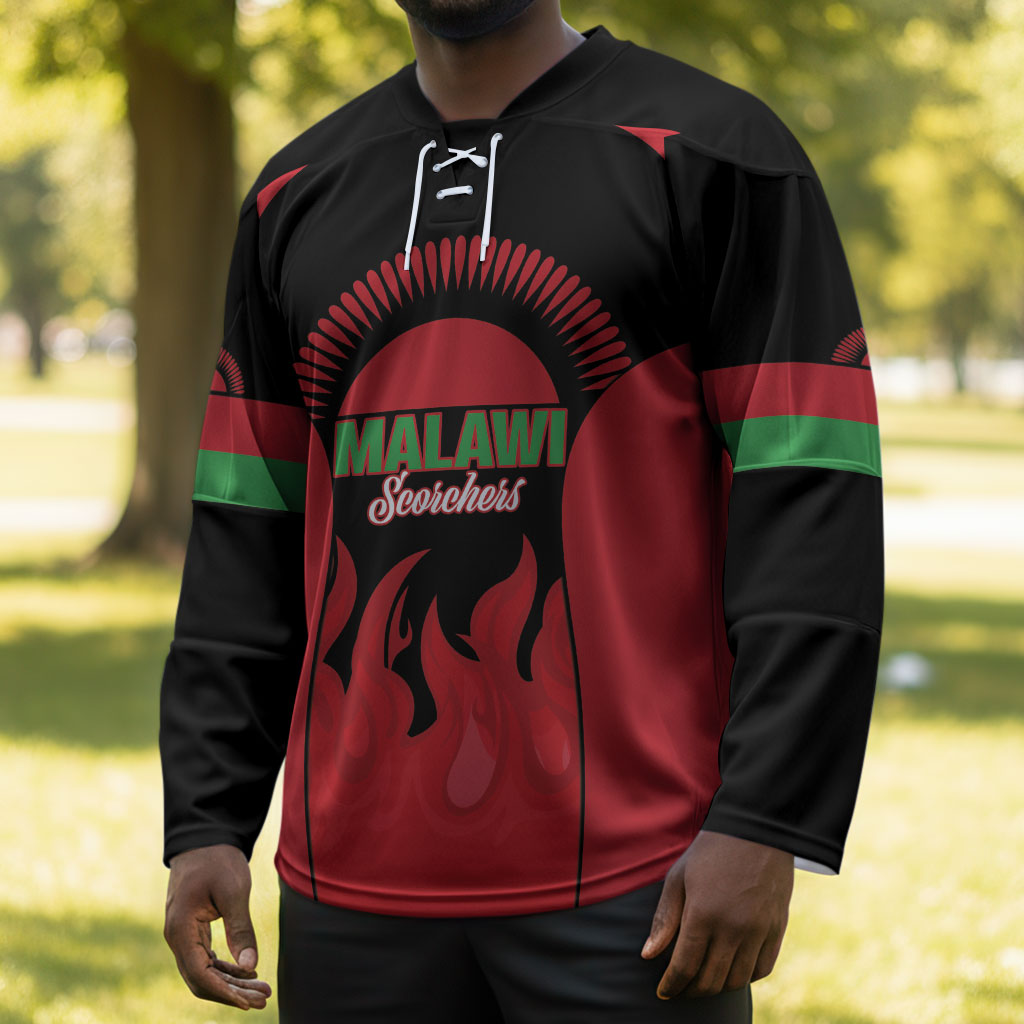 Malawi Football Custom Hockey Jersey Red Rising Sun Go Scorchers