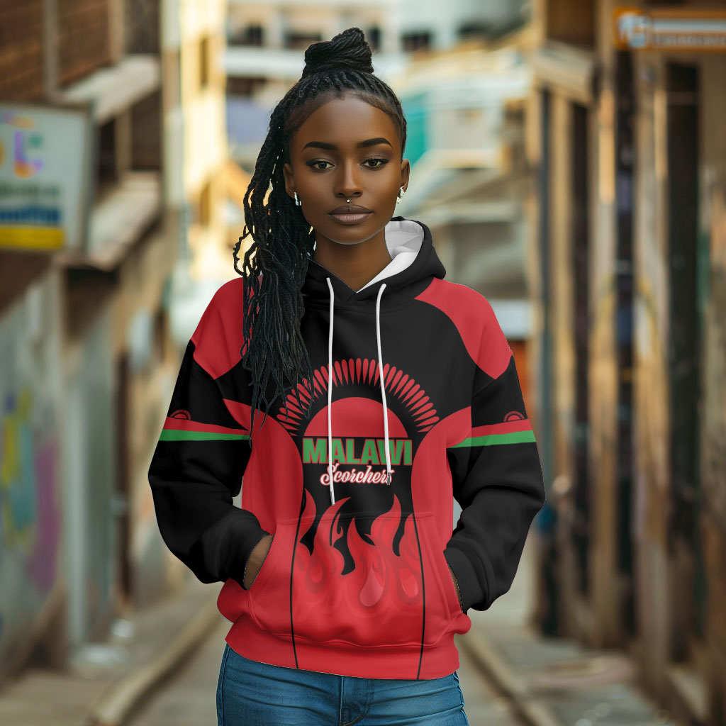 Malawi Football Custom Hoodie Red Rising Sun Go Scorchers