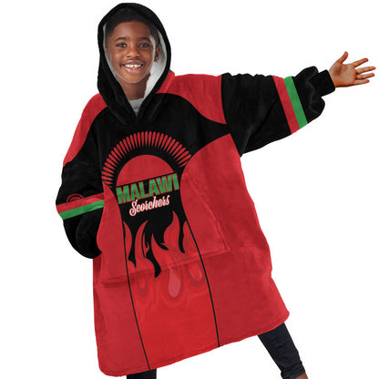 Malawi Football Custom Kid Wearable Blanket Hoodie Red Rising Sun Go Scorchers