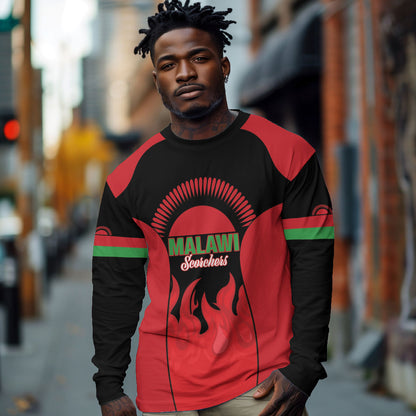 Malawi Football Custom Long Sleeve Shirt Red Rising Sun Go Scorchers