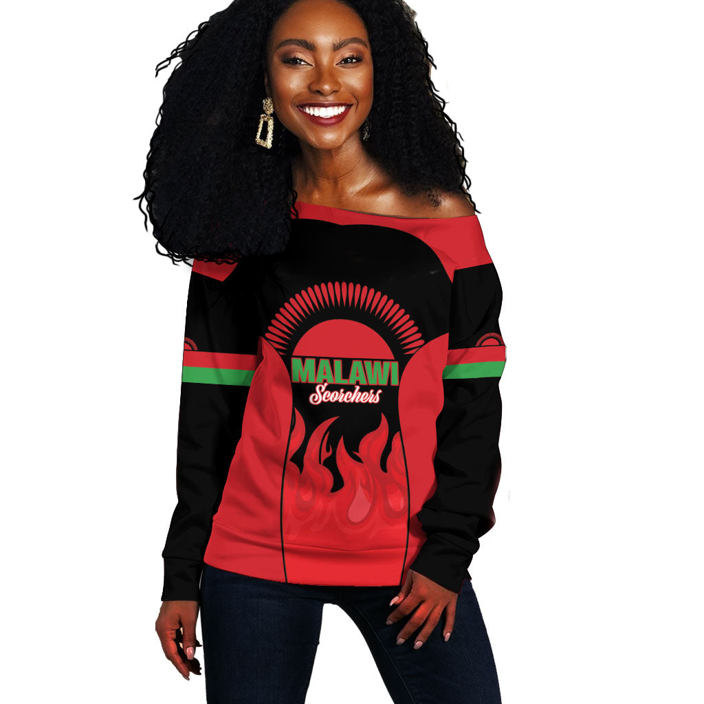 Malawi Football Custom Off Shoulder Sweater Red Rising Sun Go Scorchers