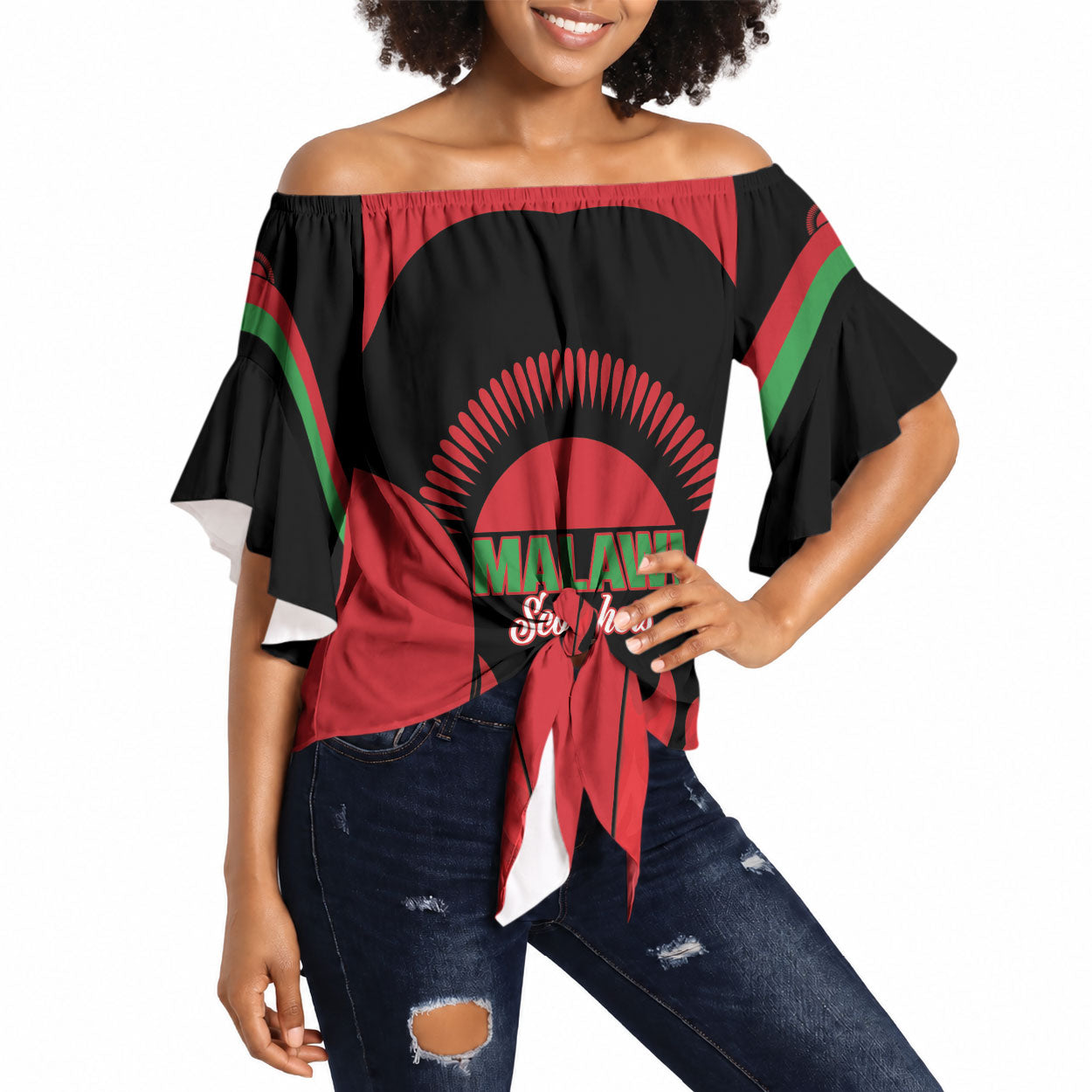 Malawi Football Custom Off Shoulder Wrap Waist Top Red Rising Sun Go Scorchers