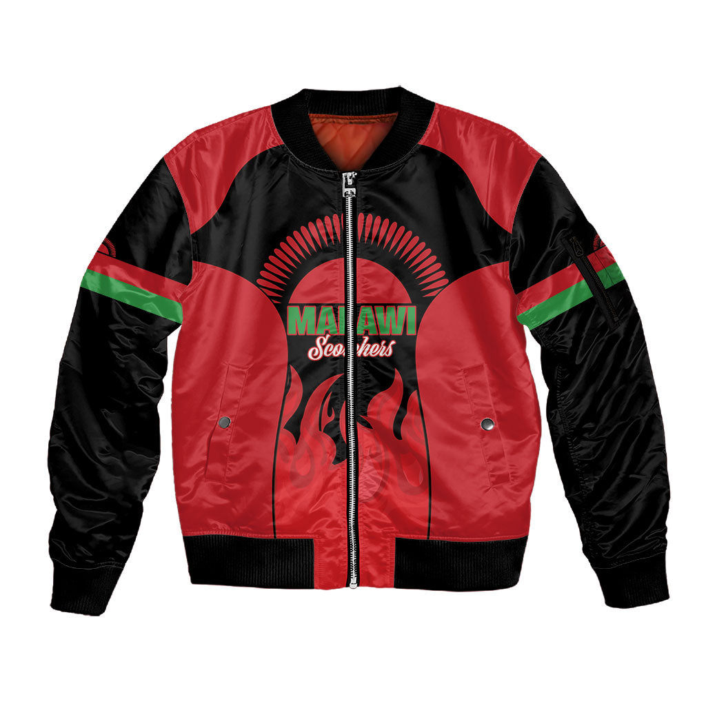 Malawi Football Custom Sleeve Zip Bomber Jacket Red Rising Sun Go Scorchers