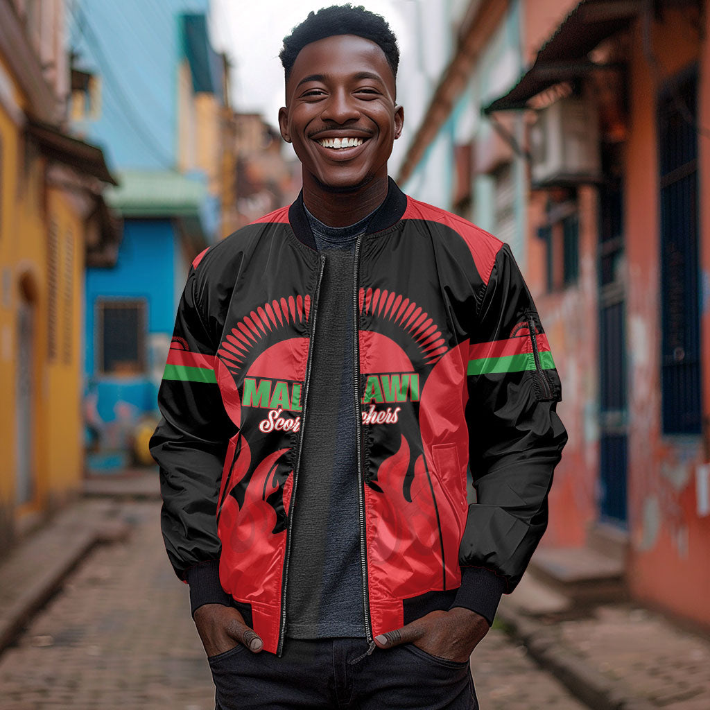 Malawi Football Custom Sleeve Zip Bomber Jacket Red Rising Sun Go Scorchers