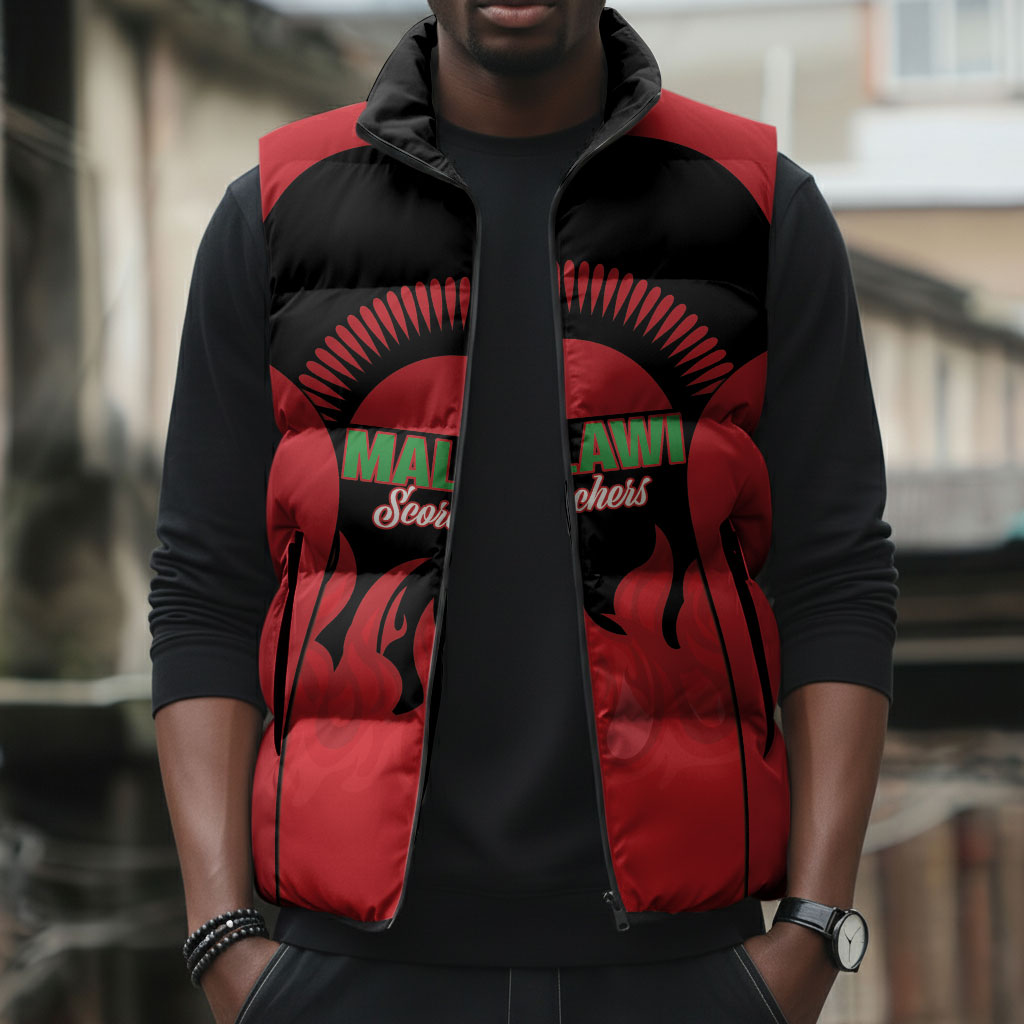 Malawi Football Custom Sleeveless Puffer Jacket Red Rising Sun Go Scorchers