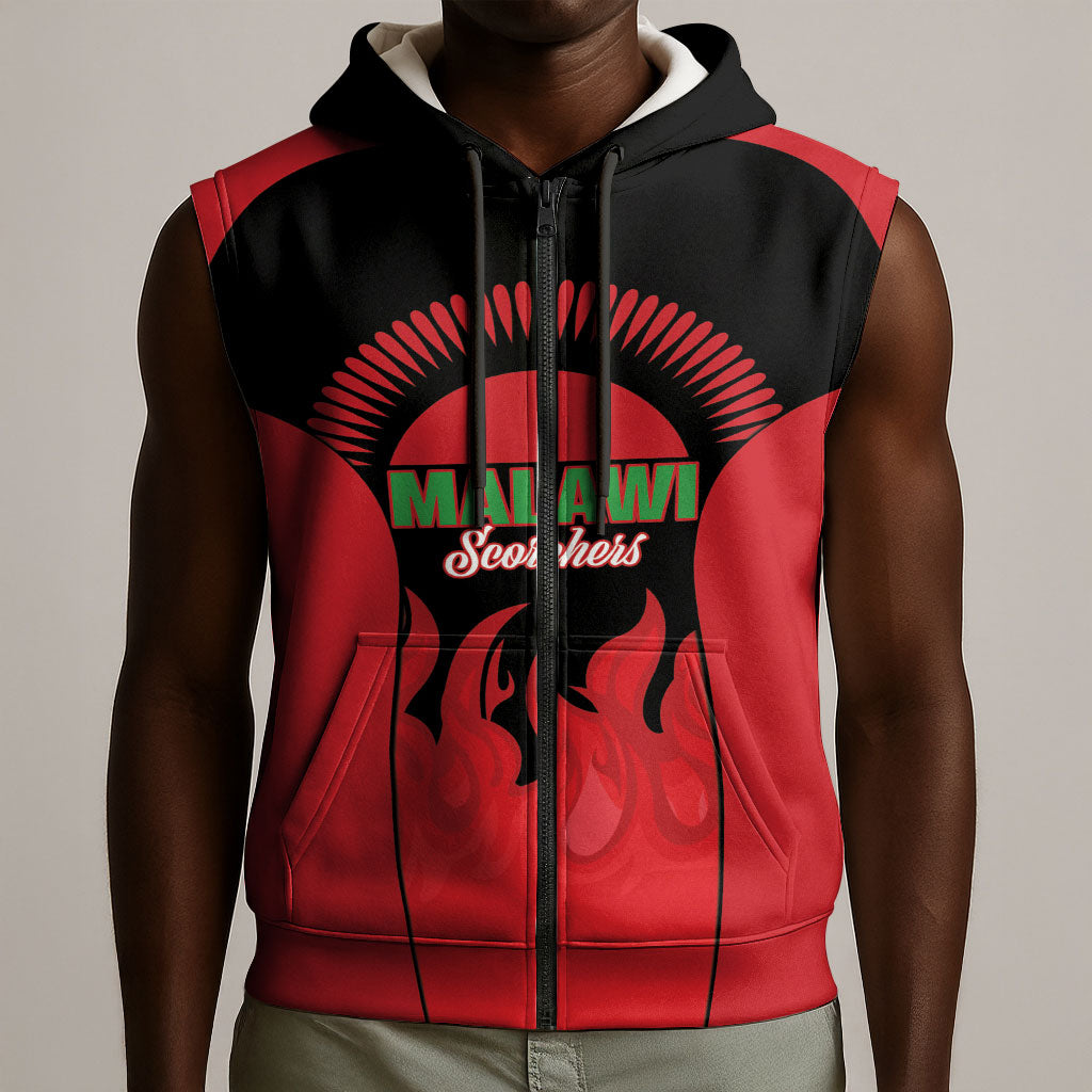 Malawi Football Custom Sleeveless Zip Hoodie Red Rising Sun Go Scorchers
