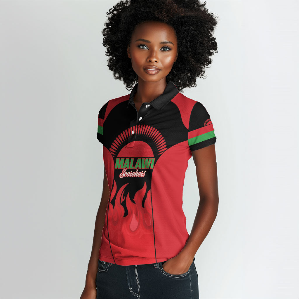 Malawi Football Custom Women Polo Shirt Red Rising Sun Go Scorchers
