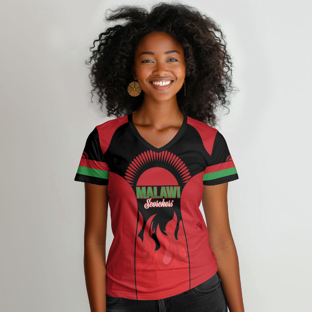 Malawi Football Custom Women V-Neck T-Shirt Red Rising Sun Go Scorchers