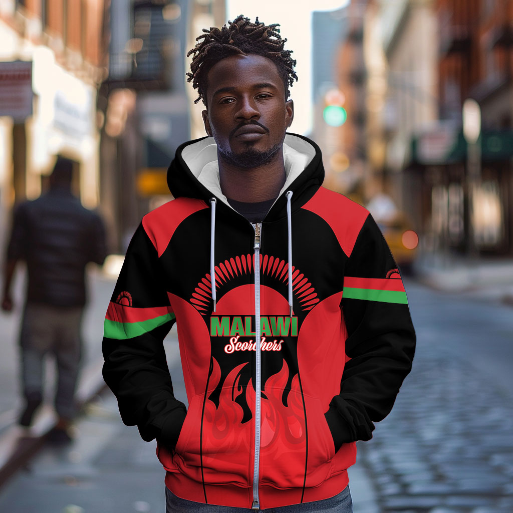 Malawi Football Custom Zip Hoodie Red Rising Sun Go Scorchers