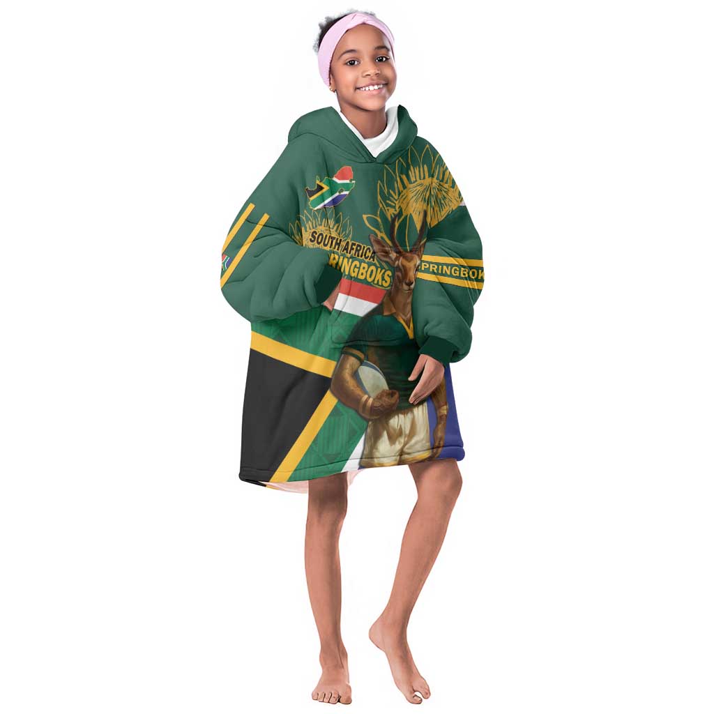 Custom South Africa Rugby KId Wearable Blanket Hoodie 2024 Go Springboks Mascot African Pattern