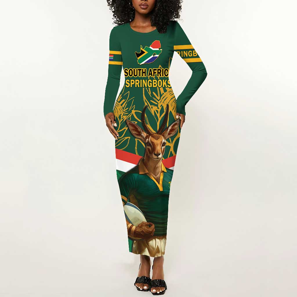 Custom South Africa Rugby Long Sleeve Bodycon Dress 2024 Go Springboks Mascot African Pattern LT14